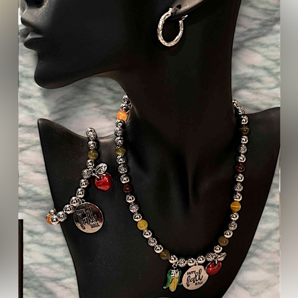 3pc Fall Silver Multicolor Beaded Necklace Bracelet Earring Set - OS